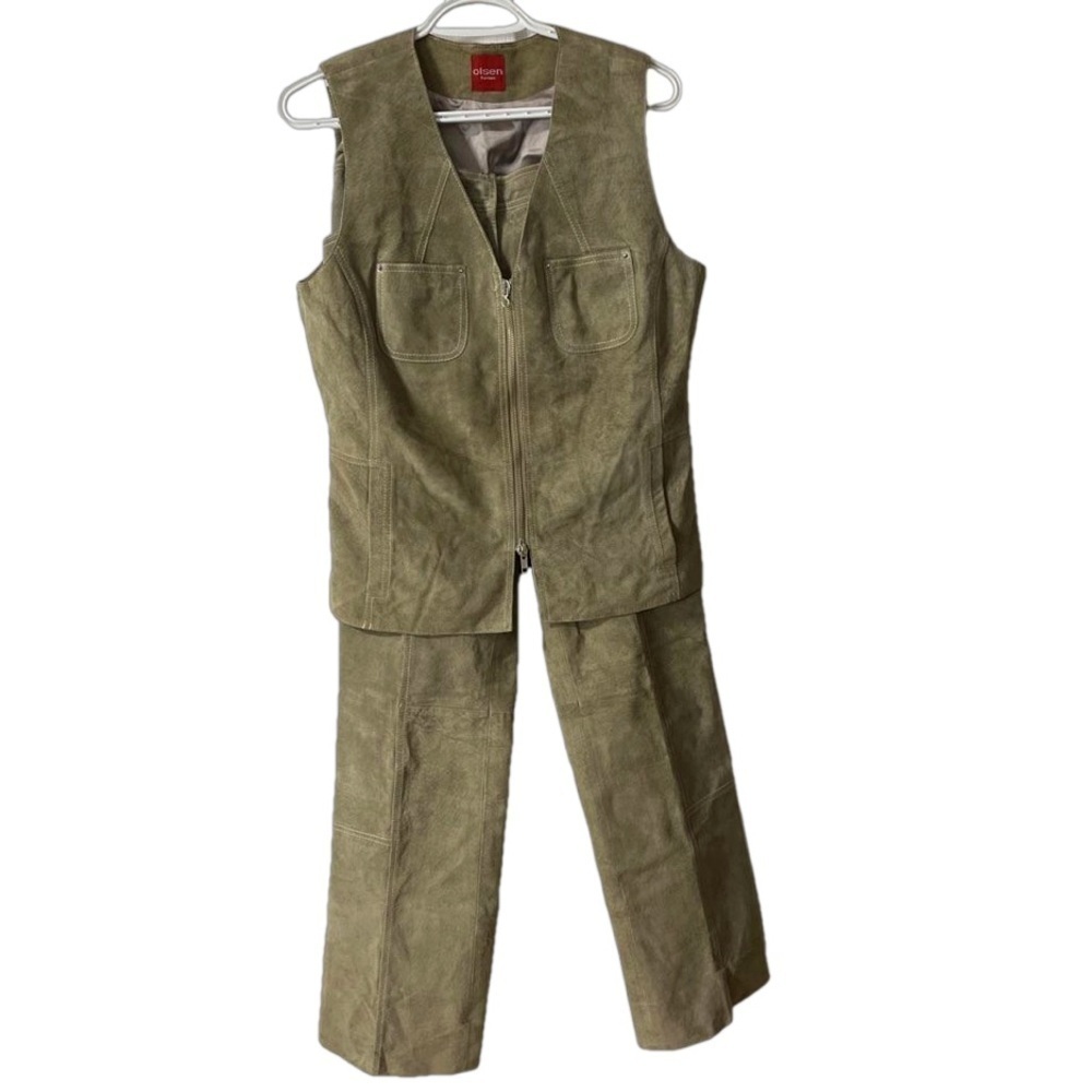 ⭐️ Olsen Europe olive green leather vest and pants set- size 8